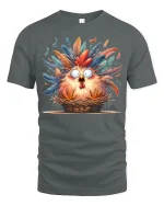 Funny Shocked Chicken In Basket Graphic Tee Colorful Feather Art - gray t-shirt on white background