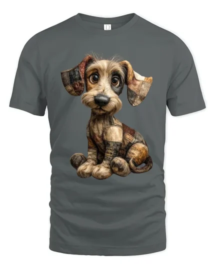 Cute Patchwork Puppy Art Tee Adorable Handmade Style Illustration - gray t-shirt on white background