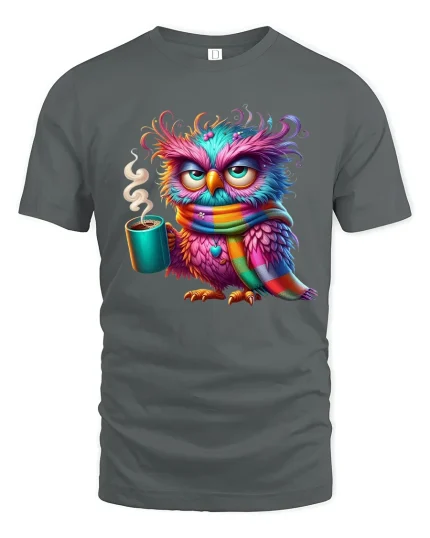 Sleepy Owl Coffee Morning Mood Graphic Tee Cozy Colorful Art - gray t-shirt on white background