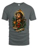 Faith Hope Love Sacred Heart Jesus Christian Art Graphic Tee - gray t-shirt on white background