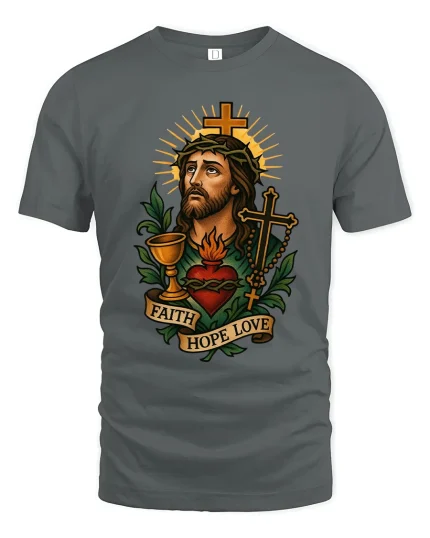 Faith Hope Love Sacred Heart Jesus Christian Art Graphic Tee - gray t-shirt on white background