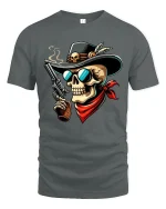 Wild West Skull Gunslinger Cowboy Illustration Bold Graphic Tee - gray t-shirt on white background