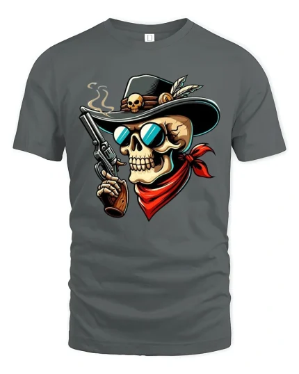 Wild West Skull Gunslinger Cowboy Illustration Bold Graphic Tee - gray t-shirt on white background