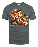 Charming Gentleman Tiger Relaxed Vintage Cartoon Art Tee - gray t-shirt on white background