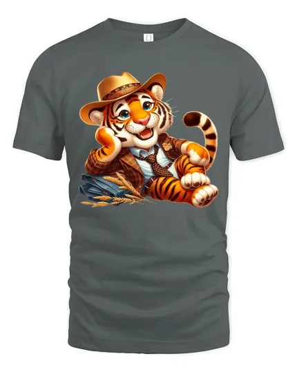 Charming Gentleman Tiger Relaxed Vintage Cartoon Art Tee - gray t-shirt on white background