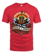 Crack of Dawn Nautical Ship Art Tee Bold Vintage Ocean Style - red t-shirt on white background