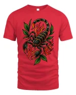 Flaming Scorpion Graphic Tee Bold Fire Tattoo Style Art - red t-shirt on white background