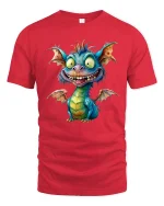 Cute Crazy Dragon Cartoon Graphic Tee Playful Fantasy Art Style - red t-shirt on white background