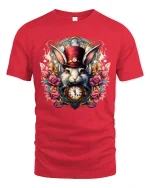 Steampunk White Rabbit Graphic Tee Vintage Clock Fantasy Art - red t-shirt on white background