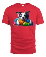Cute Puppy With Colorful Yarn Graphic Tee Cozy Fun Art Style - red t-shirt on white background