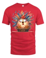 Funny Shocked Chicken In Basket Graphic Tee Colorful Feather Art - red t-shirt on white background