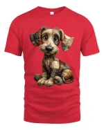 Cute Patchwork Puppy Art Tee Adorable Handmade Style Illustration - red t-shirt on white background