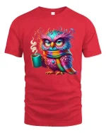 Sleepy Owl Coffee Morning Mood Graphic Tee Cozy Colorful Art - red t-shirt on white background