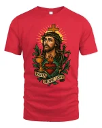 Faith Hope Love Sacred Heart Jesus Christian Art Graphic Tee - red t-shirt on white background