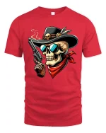 Wild West Skull Gunslinger Cowboy Illustration Bold Graphic Tee - red t-shirt on white background