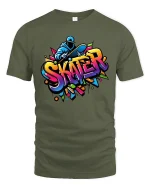 Colorful Urban Skater Graffiti Style Street Art Graphic Tee - military green t-shirt on white background