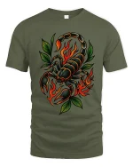 Flaming Scorpion Graphic Tee Bold Fire Tattoo Style Art - military green t-shirt on white background