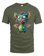 Cute Crazy Dragon Cartoon Graphic Tee Playful Fantasy Art Style - military green t-shirt on white background
