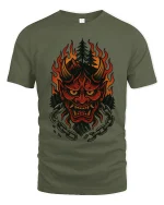 Flaming Oni Forest Mask Tee Dark Spirit Fire Art Design - military green t-shirt on white background