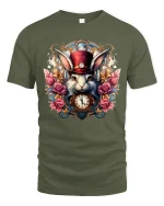 Steampunk White Rabbit Graphic Tee Vintage Clock Fantasy Art - military green t-shirt on white background