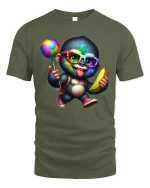 Funny Colorful Monkey Graphic Tee With Banana And Party Vibes - military green t-shirt on white background