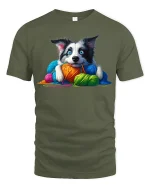 Cute Puppy With Colorful Yarn Graphic Tee Cozy Fun Art Style - military green t-shirt on white background