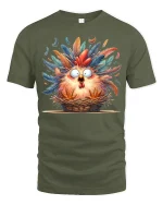 Funny Shocked Chicken In Basket Graphic Tee Colorful Feather Art - military green t-shirt on white background