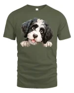 Cute Fluffy Puppy Peekaboo Graphic Tee Adorable Dog Lover Art - military green t-shirt on white background