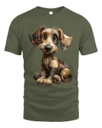 Cute Patchwork Puppy Art Tee Adorable Handmade Style Illustration - military green t-shirt on white background