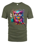 Sleepy Owl Coffee Morning Mood Graphic Tee Cozy Colorful Art - military green t-shirt on white background