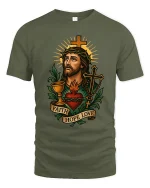 Faith Hope Love Sacred Heart Jesus Christian Art Graphic Tee - military green t-shirt on white background