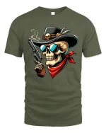 Wild West Skull Gunslinger Cowboy Illustration Bold Graphic Tee - military green t-shirt on white background