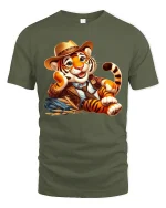Charming Gentleman Tiger Relaxed Vintage Cartoon Art Tee - military green t-shirt on white background