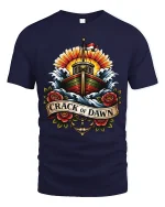 Crack of Dawn Nautical Ship Art Tee Bold Vintage Ocean Style - navy t-shirt on white background