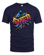 Colorful Urban Skater Graffiti Style Street Art Graphic Tee - navy t-shirt on white background