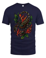 Flaming Scorpion Graphic Tee Bold Fire Tattoo Style Art - navy t-shirt on white background