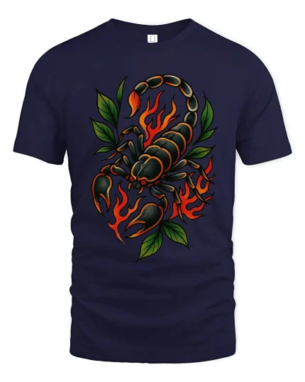 Flaming Scorpion Graphic Tee Bold Fire Tattoo Style Art - navy t-shirt on white background