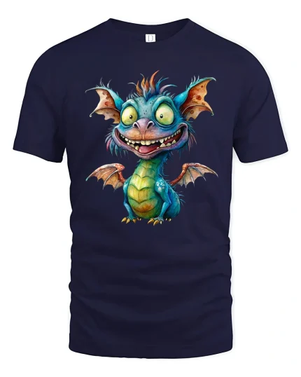 Cute Crazy Dragon Cartoon Graphic Tee Playful Fantasy Art Style - navy t-shirt on white background