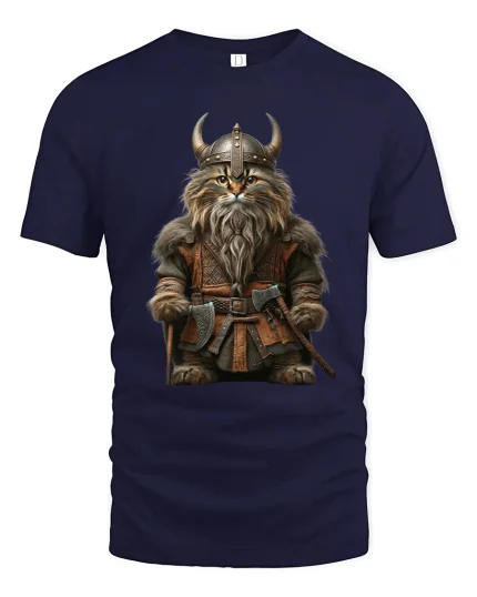 Viking Cat Warrior Graphic Tee Epic Norse Fantasy Art Style - navy t-shirt on white background