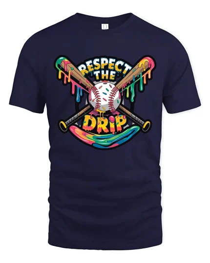 Respect The Drip Baseball Graphic Tee Colorful Street Art Style - navy t-shirt on white background