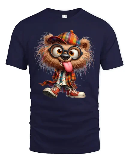 Funny Hipster Bear Graphic Tee Colorful Street Style Attitude - navy t-shirt on white background