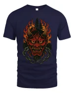 Flaming Oni Forest Mask Tee Dark Spirit Fire Art Design - navy t-shirt on white background