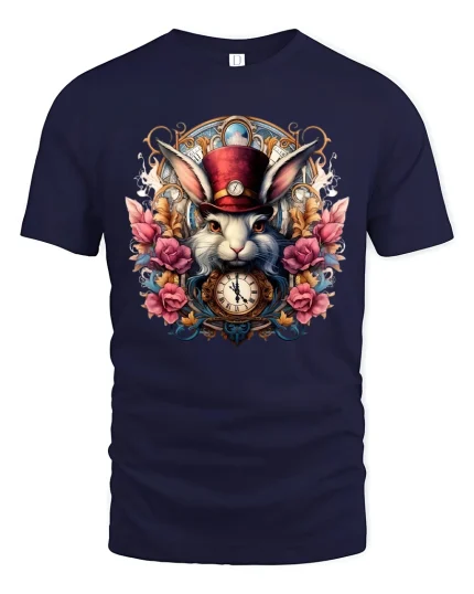 Steampunk White Rabbit Graphic Tee Vintage Clock Fantasy Art - navy t-shirt on white background