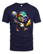 Funny Colorful Monkey Graphic Tee With Banana And Party Vibes - navy t-shirt on white background