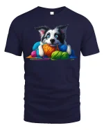 Cute Puppy With Colorful Yarn Graphic Tee Cozy Fun Art Style - navy t-shirt on white background