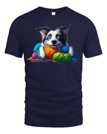 Cute Puppy With Colorful Yarn Graphic Tee Cozy Fun Art Style - navy t-shirt on white background