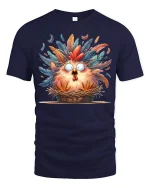 Funny Shocked Chicken In Basket Graphic Tee Colorful Feather Art - navy t-shirt on white background