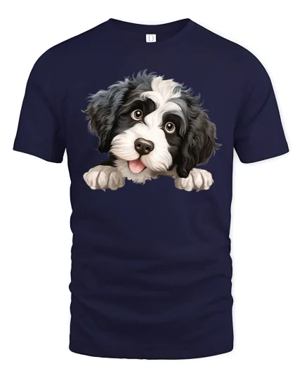 Cute Fluffy Puppy Peekaboo Graphic Tee Adorable Dog Lover Art - navy t-shirt on white background