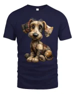 Cute Patchwork Puppy Art Tee Adorable Handmade Style Illustration - navy t-shirt on white background