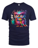 Sleepy Owl Coffee Morning Mood Graphic Tee Cozy Colorful Art - navy t-shirt on white background